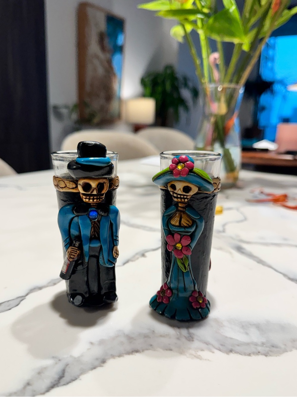 Authentic Mexican Handpainted Day of the Dead Skeleton Shot Glasses - Blue